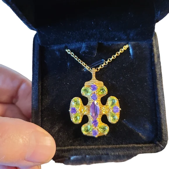 Gold Plated Multi Stone Cross Pendant Necklace 925 Sterling 10" Chain - Picture 2 of 3